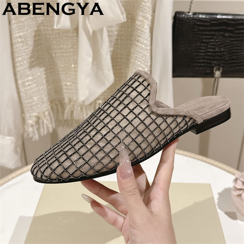 Ethnic Fashion Women - รองเท้าสลิปเปอร์แบบสวมหัวมน ผ้าลูกไม้เนื้อเงา ประดับวิบวับ ส้นเตี้ย สำหรับผู้หญิง รองเท้าโลฟเฟอร์ลำลองแฟชั่นฤดูร้อน