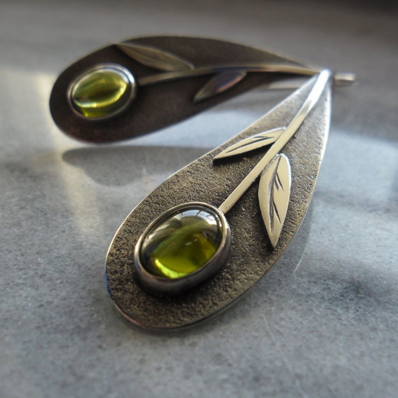 Ethnic Fashion India - Vintage Plant Leaf Olive สีเขียวเรซิ่นหินต่างหูผู้หญิง Boho