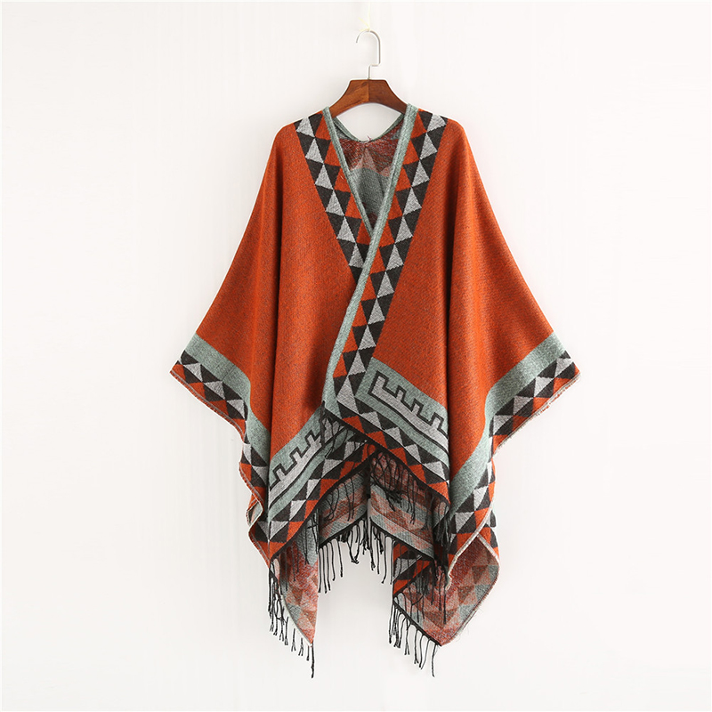 Ethnic Fashion India - สไตล์อินเดียแฟชั่นเรขาคณิตพู่ Pashmina Poncho และ Capes Coat