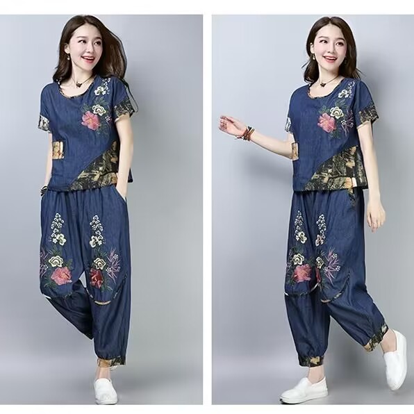 New Ethnic Fashion - ชุดสูทผู้หญิงไซส์ใหญ่สไตล์ชาติพันธุ์ คอลเลคชั่นฤดูร้อนใหม่ ตกแต่งด้วยลายปักดอกไม้ เสื้อแฟชั่น กางเกงขายาวทรงกว้าง ชุดสามชิ้น