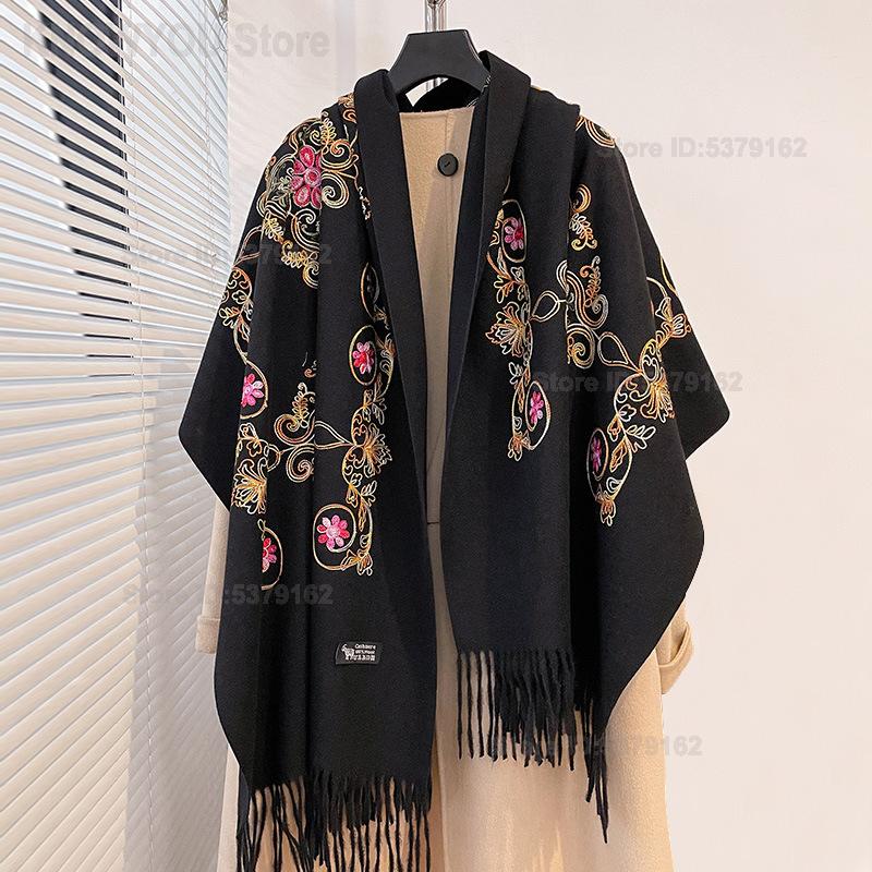 Go Ethnic Fashion - ผ้าคลุมไหล่พัชมีนาปักลายชาติพันธุ์สไตล์วินเทจสำหรับผู้หญิง ผ้าคลุมไหล่ขนาดใหญ่ อุ่นสบายสำหรับฤดูหนาว เหมาะสำหรับการเดินทางกลางแจ้ง