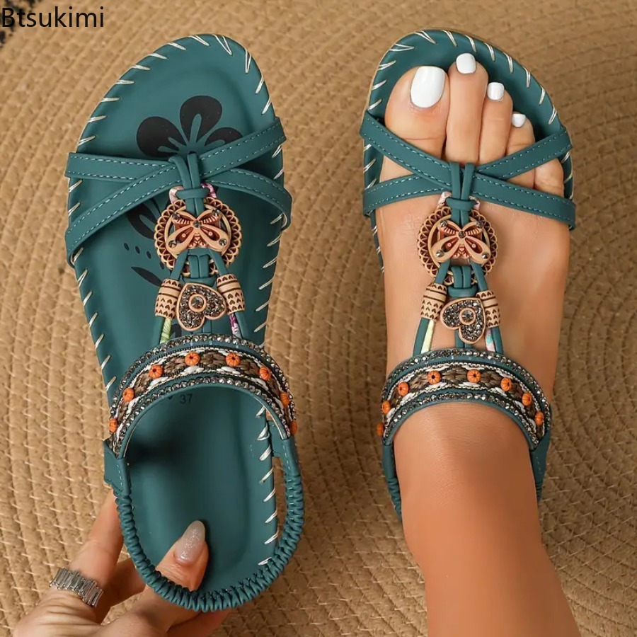 Ethnic Fashion Women - รองเท้าแตะสไตล์โบฮีเมียนสำหรับผู้หญิง รองเท้าลำลองแบบสวมใส่ได้ทั้งชายหาดและกลางแจ้ง รองเท้าพื้นเรียบสไตล์ชาติพันธุ์สำหรับสุภาพสตรี รองเท้าพื้นนุ่มใส่สบาย รองเท้าแตะผู้หญิง